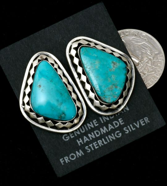 Turquoise studs with diamond-shaped bezeling by Navajo artisan Sharon McCarthy. #2328a