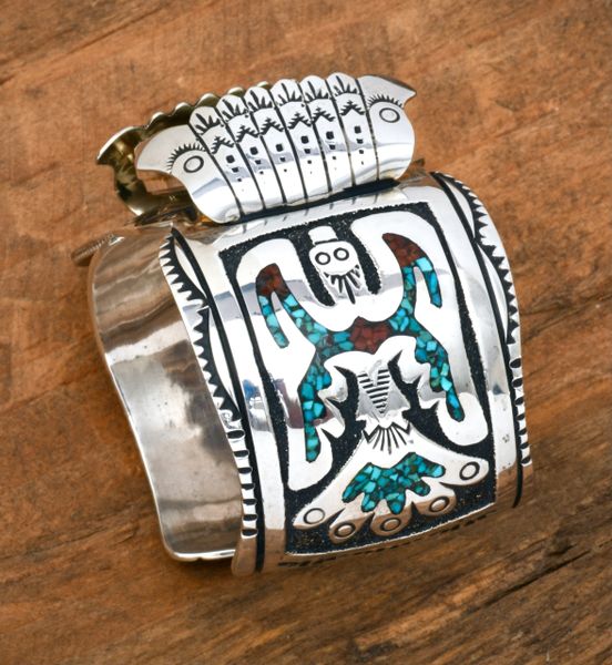 Richard Singer' turquoise and coral chipped-inlay "peyote bird/water bird" watchband (w/watch). SOLD! #2229a