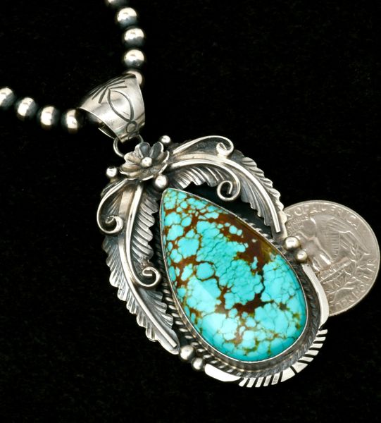 Traditional Navajo pendant with No. 8 Mine turquoise by Alfred Martinez (pictured 5mm, 20-inch Sterling bead chain optional at discount price). #2346a