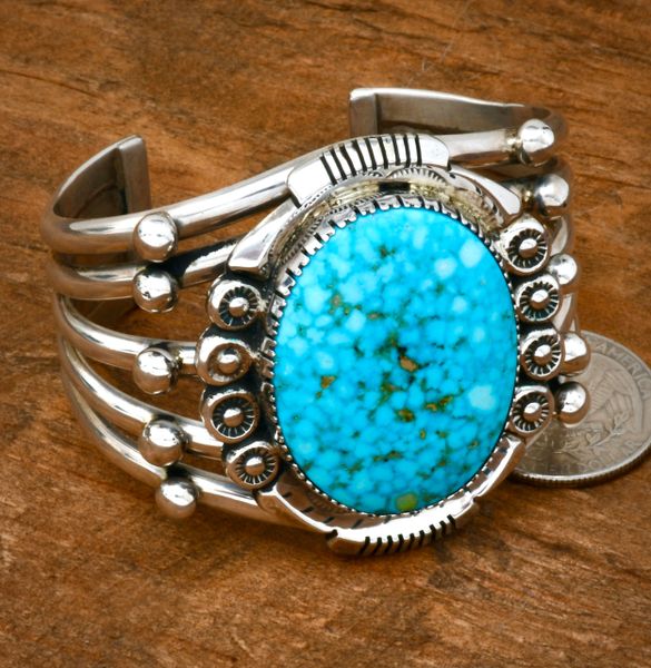 Navajo cuff with water-web Kingman turquoise by Joelias Draper. #2347a