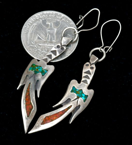 70's era peyote bird turquoise and red coral chipped-inlay Navajo earrings. #2351a