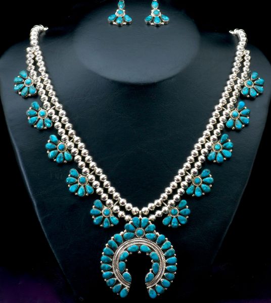 Squash-blossom-type "half-clusters" necklace set with real (NOT compressed) turquoise stones, by Navajo artisan Violet Nez. #2352a