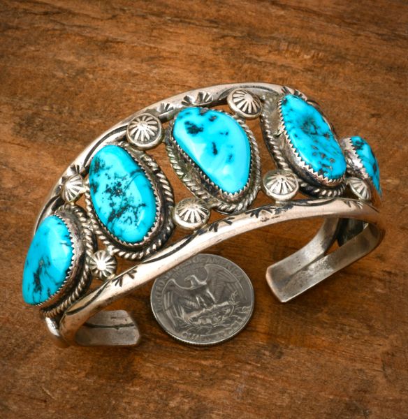 Large wrist size older Navajo cuff all-original Sleeping Beauty turquoise stones. #2359a