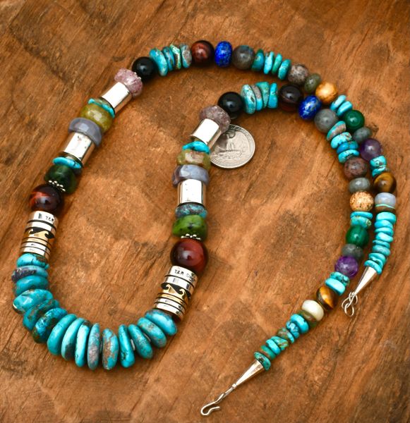 T&R Singer' longer version, 28.5-inch gold and Sterling barrel-bead necklace with natural turquoise and other stones. 2362a