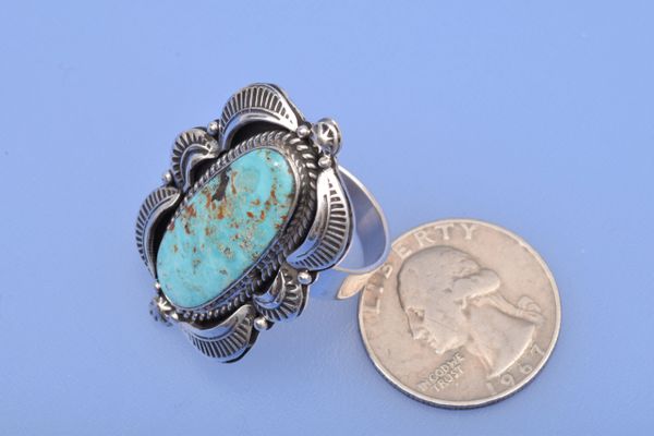 Adjustable (from 7.5-up) Navajo ring with Cripple Creek turquoise. SOLD! #0249