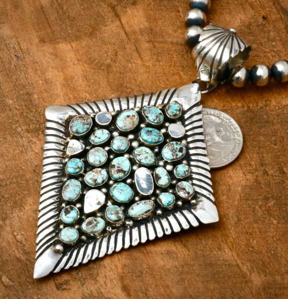 Large Navajo pendant with Dry Creek turquoise by Leroy James (bead chain optional at addition cost). #2374a