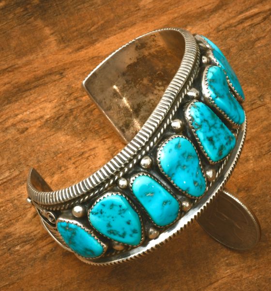 Older Sleeping Beauty turquoise Navajo row cuff for 7-to-7.25-inch wrist. #2377a