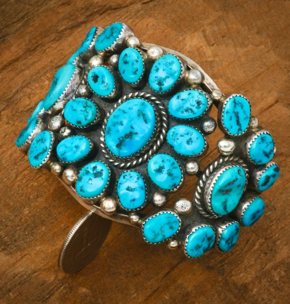 Older 27-stone Navajo cluster cuff w/pristine Sleeping Beauty turquoise. #2383a