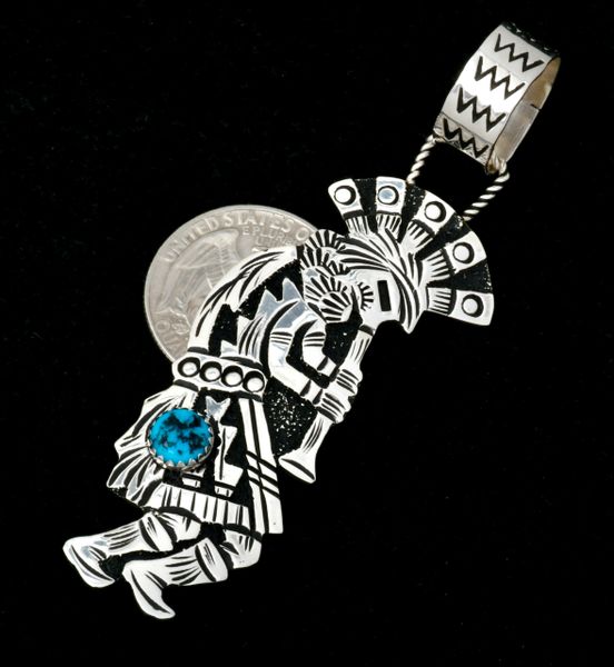 Richard Singer' long and lean double overlay Sterling and turquoise Kokopelli. #2389a