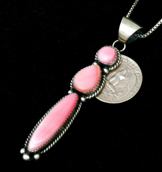 Freda Martinez' triplet pink conch shell Navajo pendant (and Sterling chain!). #2390a