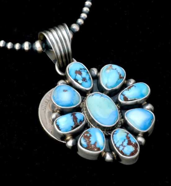 Golden Hills turquoise Navajo cluster pendant AND 3-to-6mm, 16-in. Sterling (Navajo pearl) bead chain. SOLD! #2392a