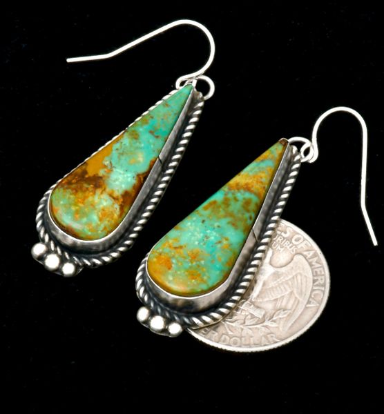 Navajo teardrop-shaped Kingman turquoise earrings, by Judith Dixon. #2395a