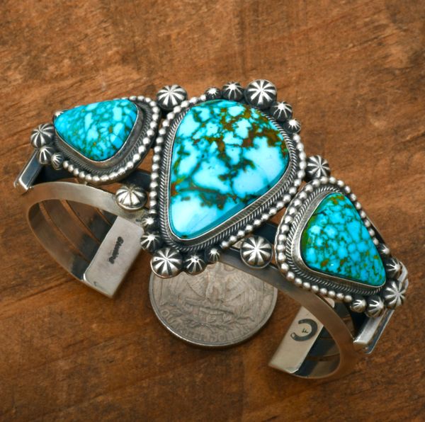 Freddie Maloney' old-style patina Navajo triplet cuff with high-end Kingman web turquoise. SOLD! #2397a