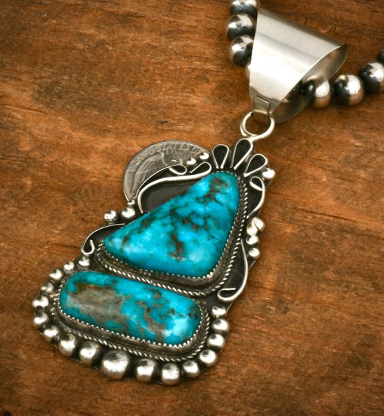 Ray Nez' large, traditional Navajo trophy pendant with Kingman turquoise stones (bead chain optional). #2300c