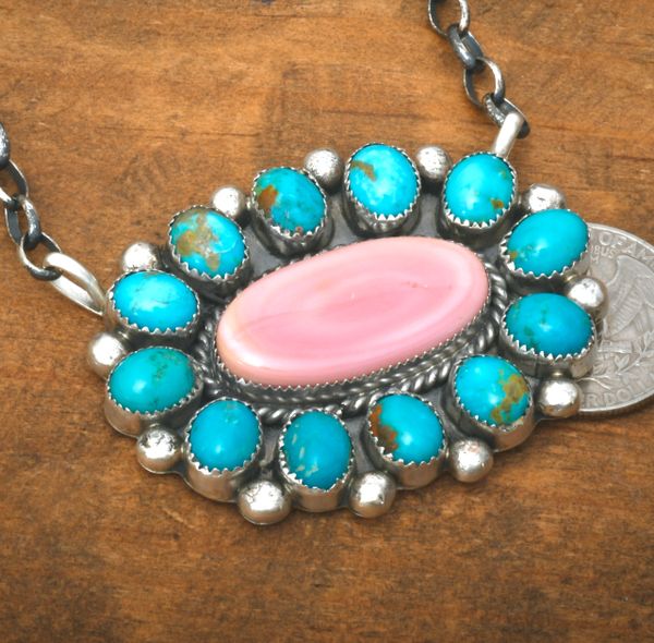 Large Navajo bar necklace with pink conch shell and Kingman turquoise. SOLD! #2402