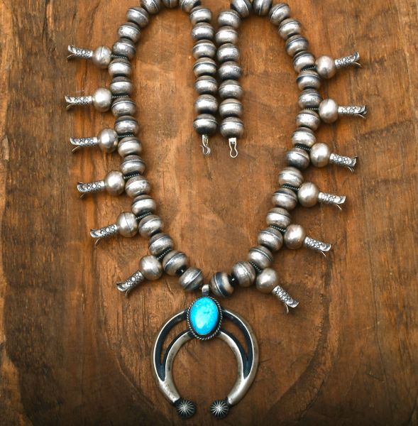 Eugene Hale' full-size, large bead Sterling Navajo squash-blossom necklace with stamped blossoms and single turquoise stone. SOLD! #2405