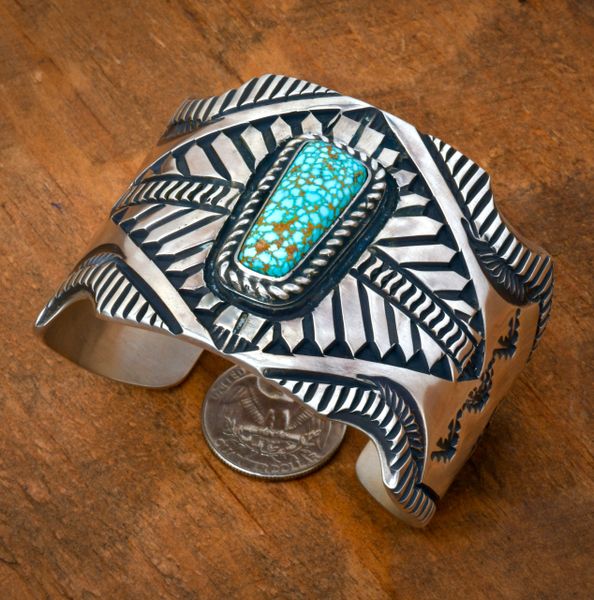 Elvira Bill' thick-gauge, deep-stamped Navajo cuff with No. 8 Mine turquoise. #2408