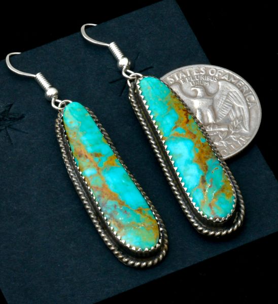 Virginia Becenti' near bookend-match Kingman turquoise Navajo earrings. #2413