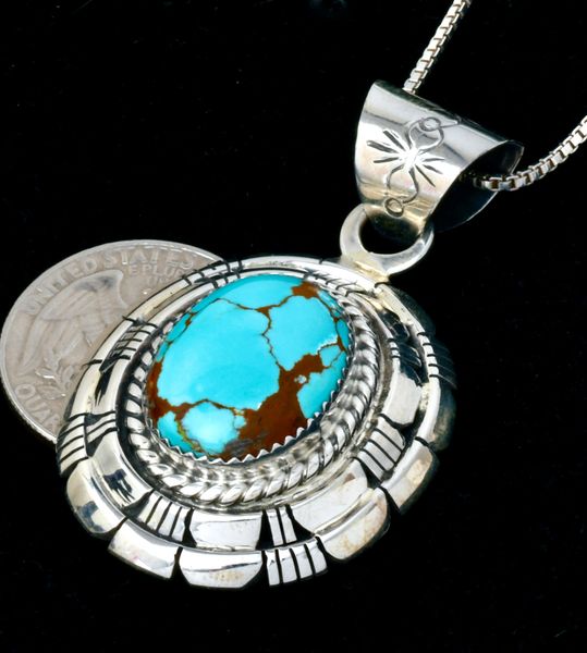 William Begay' stacked-bezel Navajo pendant with dome top No. 8 Mine turquoise. Sterling chain included. SOLD! #2416