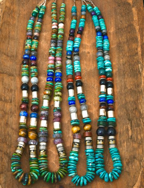 28.5-inch T&R Singer Sterling and gold-fill barrel-bead and predominately turquoise necklaces—priced per each. #2417
