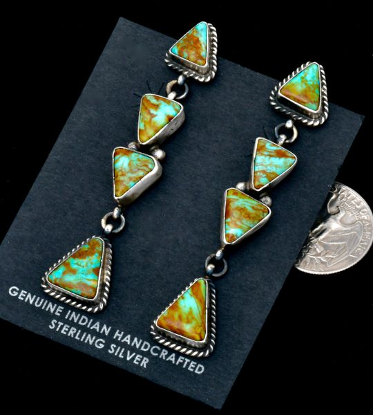 Elouise Kee' elegantly long, old-style patina, Kingman turquoise earrings. #2422