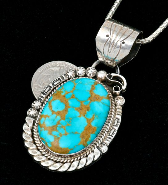 Augustine Largo' larger Navajo pendant with Kingman turquoise (thick gauge chain optional). SOLD! #2427