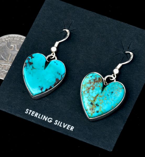 Turquoise heart-shaped earrings by Navajo artisan Marcella James. #2430