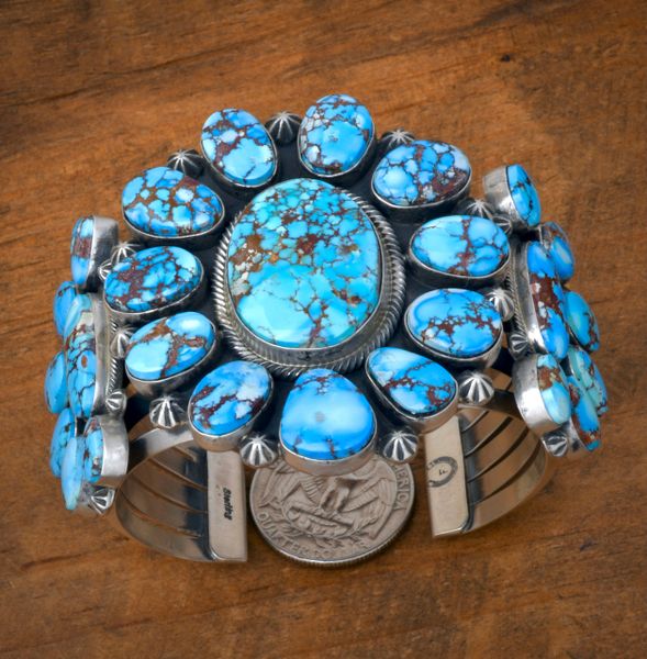 26-stone Golden Hills Turquoise Navajo trophy cluster cuff, by Freddy Maloney. #2435