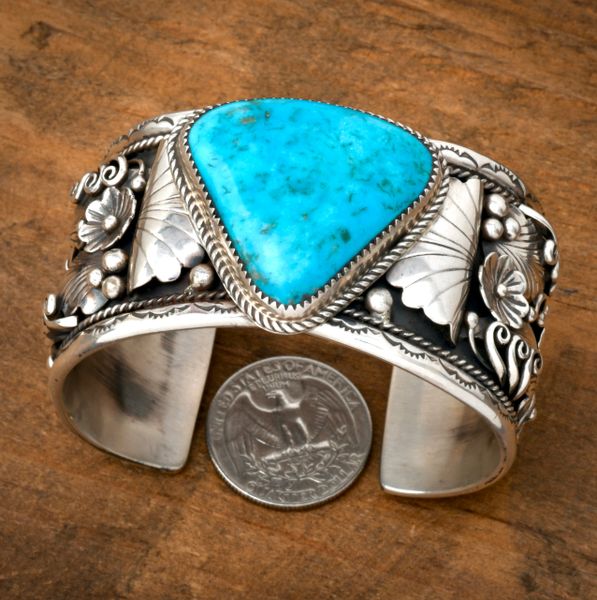 Very traditional Navajo cuff with Kingman turquoise, by Geraldine James. #2440