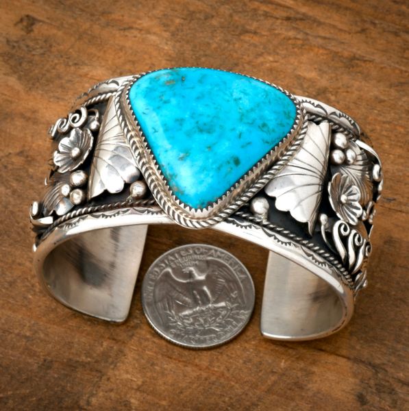 Very traditional Navajo cuff with Kingman turquoise, by Geraldine James. SOLD! #2440