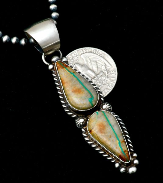 Robert Shakey' two-stone ribbon turquoise Navajo old-style pendant w/4mm, 16-in. burnished Sterling bead chain. SOLD! #2442