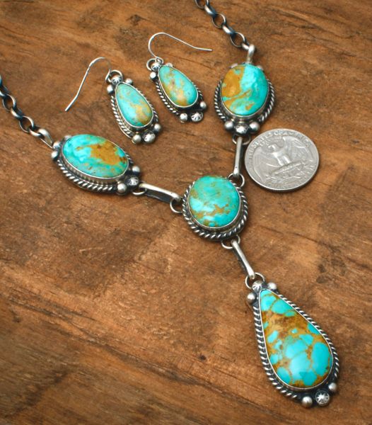 Turquoise pendant-necklace and earring set by Navajo artisan Augustine Largo. #2443