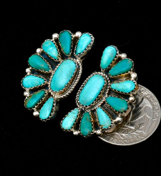 Navajo half-cluster, two-tone turquoise earrings by Alicia Wilson. #2445