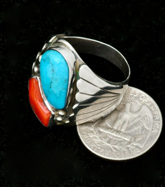 Kingman turquoise and Mediterranean red coral Navajo size-12 ring. SOLD! #2446