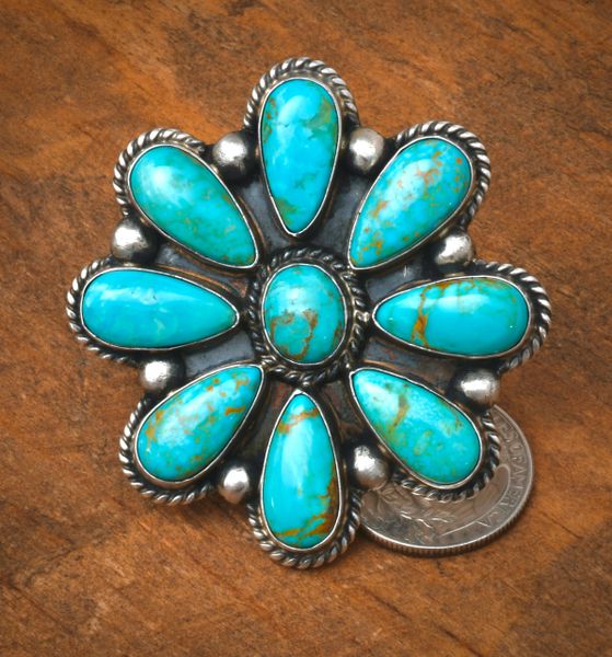 Large face, Navajo size 7.5 slightly-adjustable cluster ring w/Kingman turquoise—by Augustine Largo. #2450
