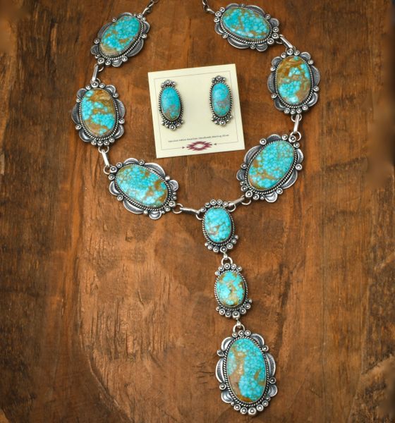 No. 8 Mine turquoise Navajo lariat necklace and earring set, by the late Gilbert Tom. #2453