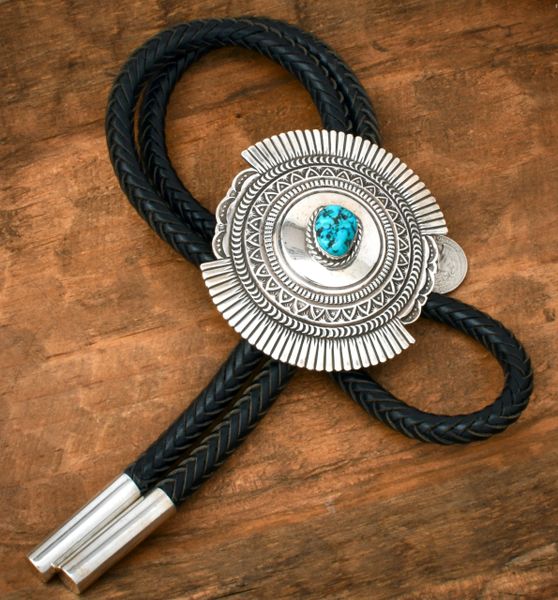 Slightly older, thick-gauge Sterling Navajo bolo tie w/custom tips, extra thick lanyard and Sleeping Beauty turquoise. #2459