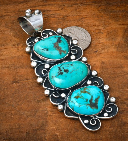 Large, stylish Kingman turquoise pendant by Chimney Butte. #2465