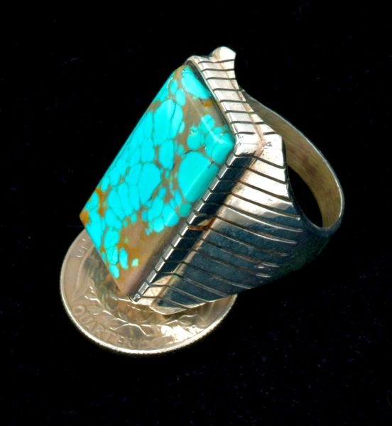 Heavy silver, size-13 Navajo ring with No. 8 Mine turquoise. #2467