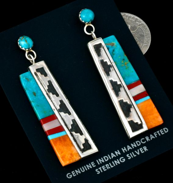 Geraldine James' turquoise, spiny-oyster shell and mother-of-pearl Navajo earrings. #2469