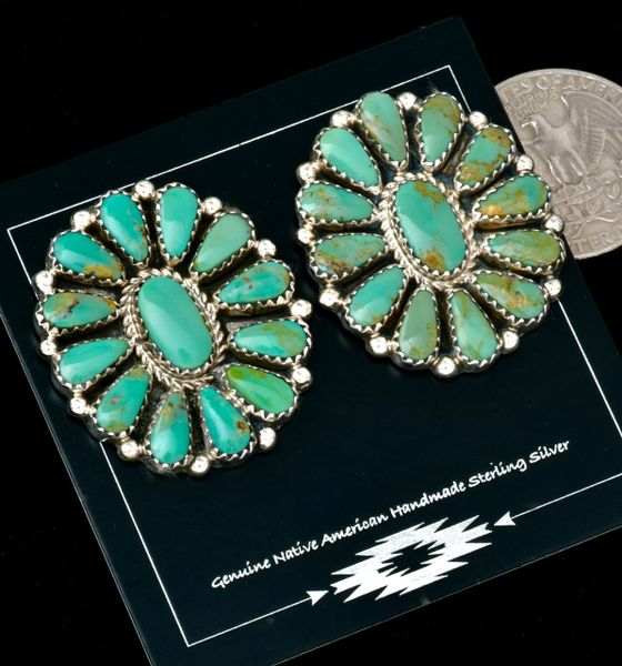 Very traditional turquoise cluster Navajo earrings. #2370