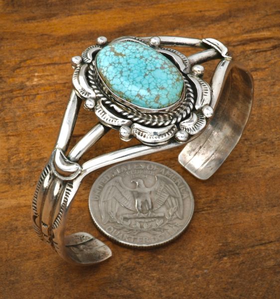 Old, original No. 8 Mine turquoise Navajo cuff for small, 6.25-in. wrist. SOLD! #2474