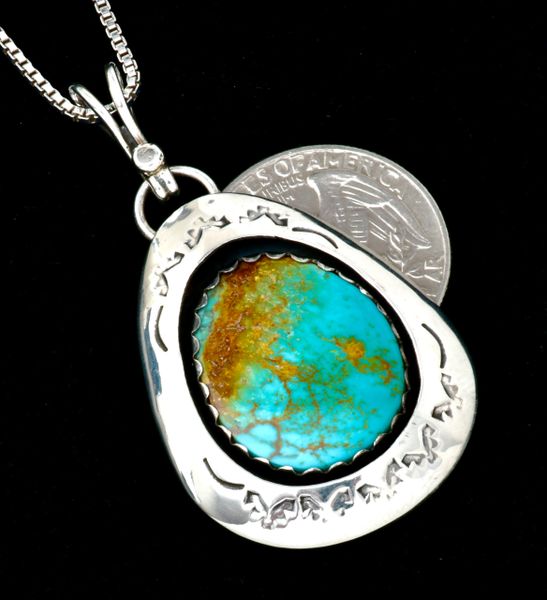 Navajo shadowbox pendant with Pilot Mountain turquoise by Lyanne Goodluck. SOLD! #2375