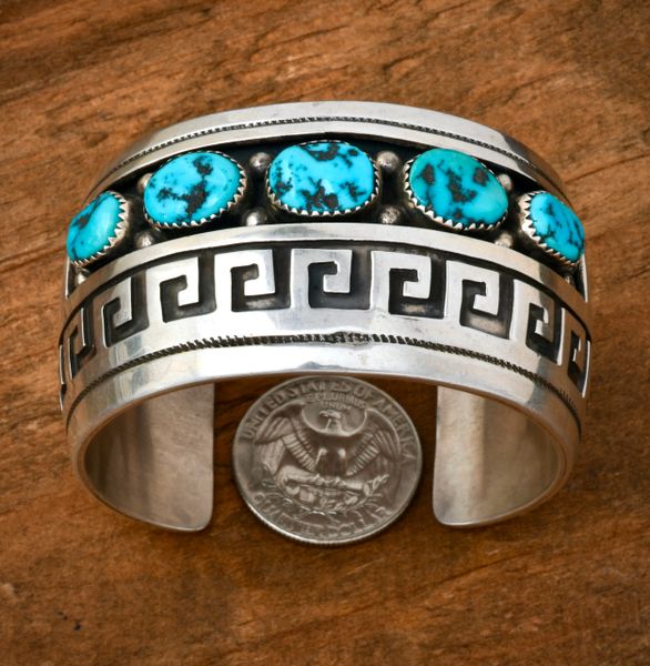 Older Navajo double-overlay cuff with Sleeping Beauty turquoise, by Howard S. Begay. #2480