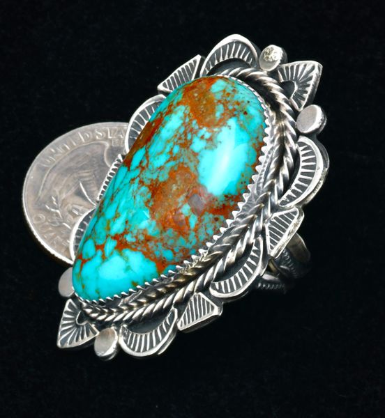 Exquisite Tia Long' large face, slightly adjustable size-8 Navajo ring. #2482