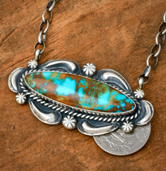 Larger, 2.5-inch turquoise and reverse-stamp repousse' Navajo bar necklace, by Jeff James, Jr. #2483