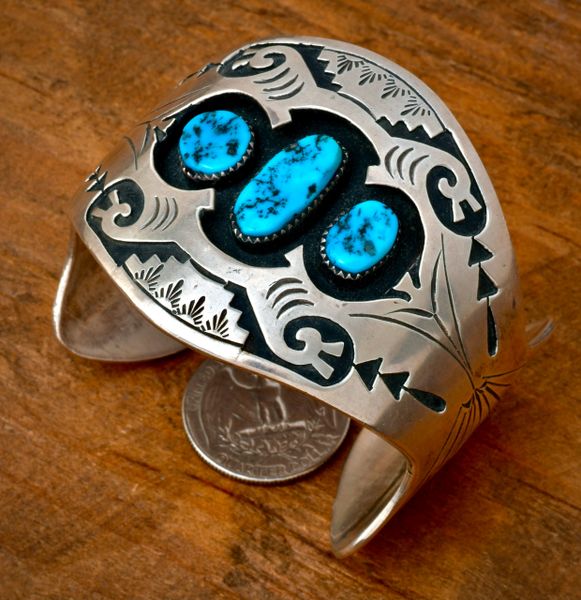 Kee Yazzie' double-overlay shadowbox Navajo cuff w/pristine Sleeping Beauty turquoise. #2492