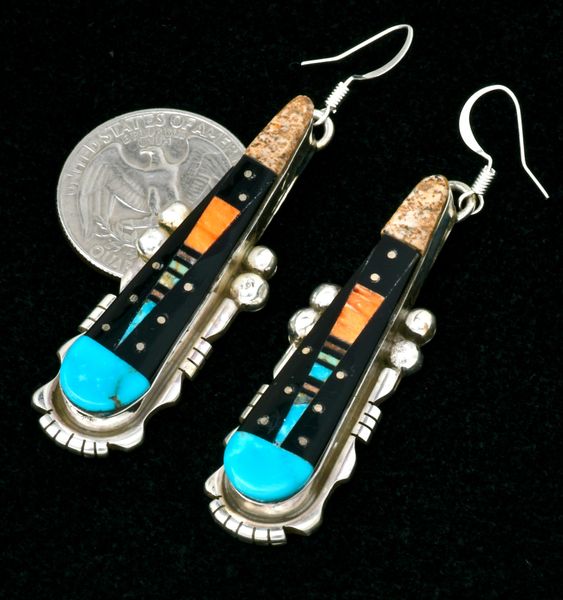 Long and lean night scene Navajo inlay earrings, by Ray Jack. SOLD! #2493,