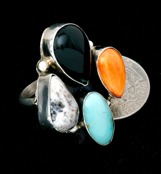 Augustine Largo' size-9 Navajo ring w/turquoise, spiney-oyster shell, White Buffalo and black onyx. #2496
