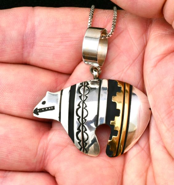 Focused Intricacy Native American Navajo Turquoise Micro Inlay Sterling Silver Bear Necklace Focused Intricacy Native American Navajo Turquoise Micro Inlay Sterling Silver Bear Necklace